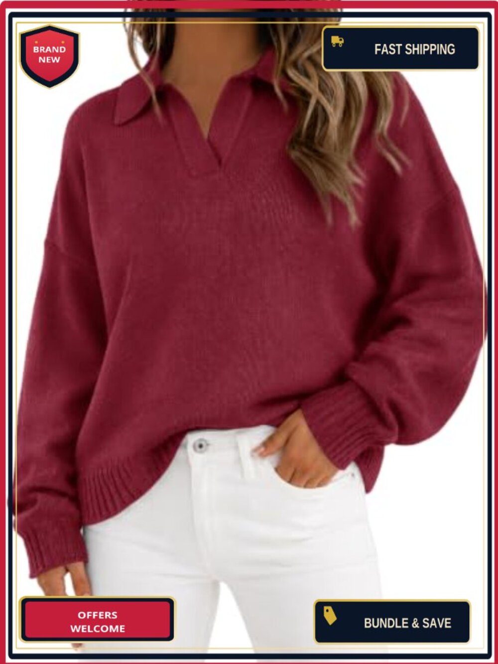 Oversized V-Neck Knit Sweater Womens Baggy Polo Long Sleeve Top